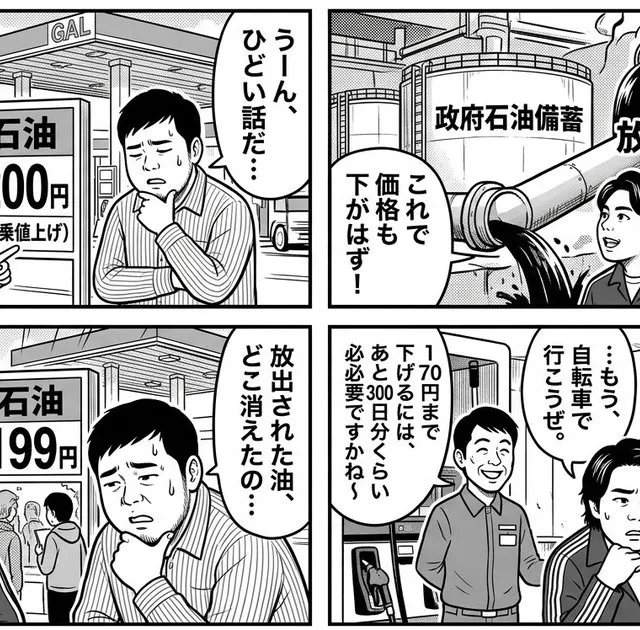 Comic / Storyboard - 4-Panel Manga: The Long Road to 170 Yen Gasoline Price