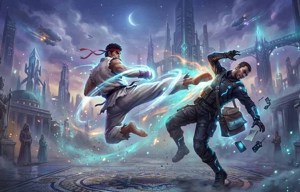 Game Asset - Ryu Performing Tatsumaki Senpukyaku on a Spy in Final Fantasy Style