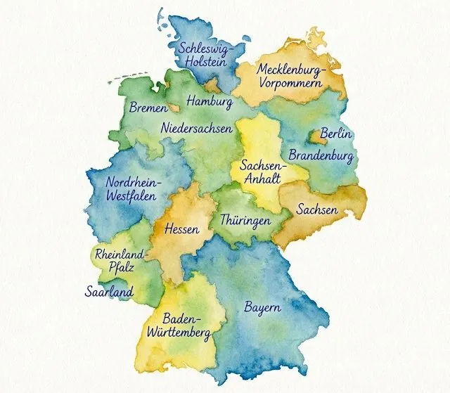 Watercolor map of Germany with labeled states