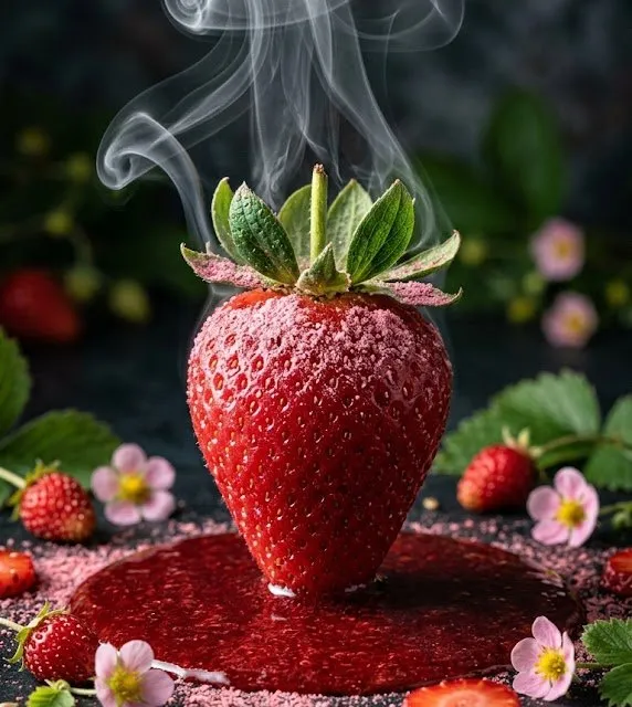 E-commerce Main Image - Cinematic Macro Photograph of a Strawberry in Syrup