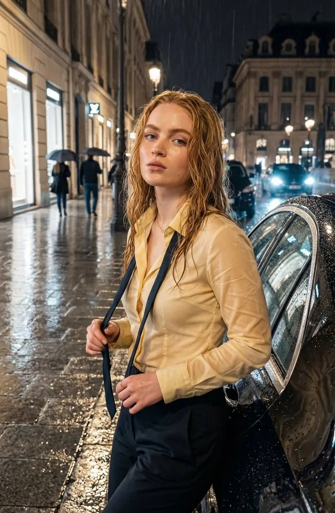 Product Marketing - Rain-Soaked Night Portrait in European Boulevard