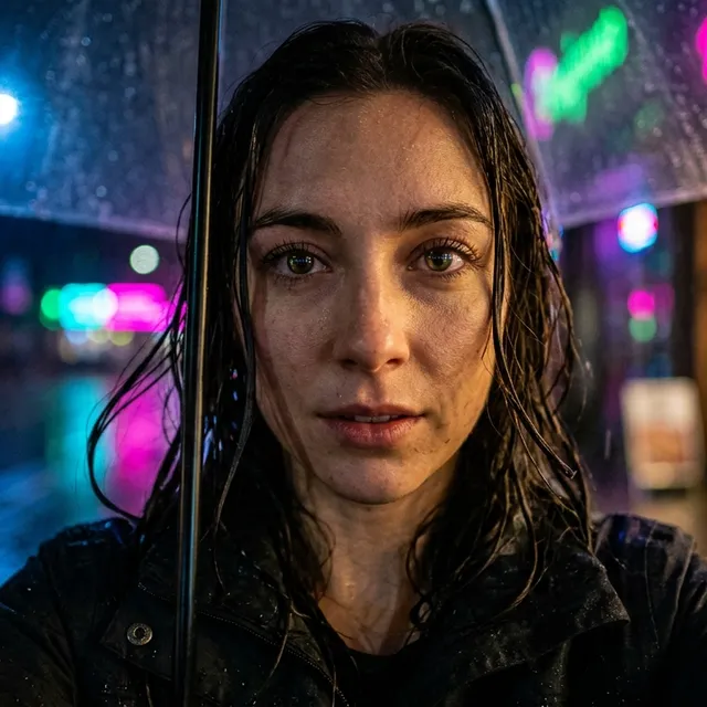 Neon Rain Portrait with Tilt-Shift Macro Glow